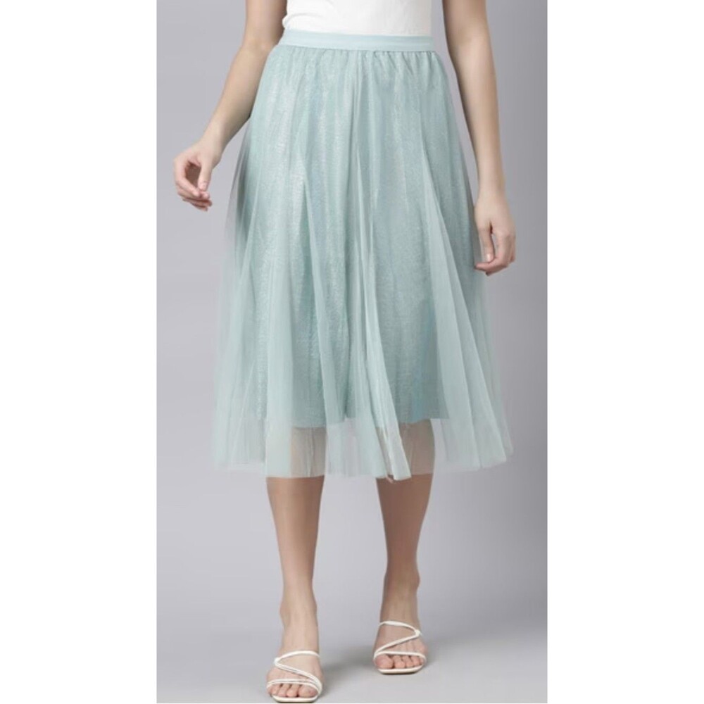 Mint Elasticized Waist Tulle Midi Skirt Fairycore Romantic Boho Blue SMALL (K13)